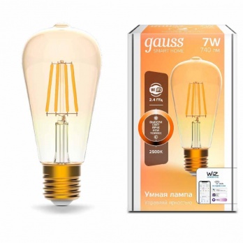 Лампа светодиодная диммируемая филаментная Gauss E27 7W 2500K золотистая 1290112
